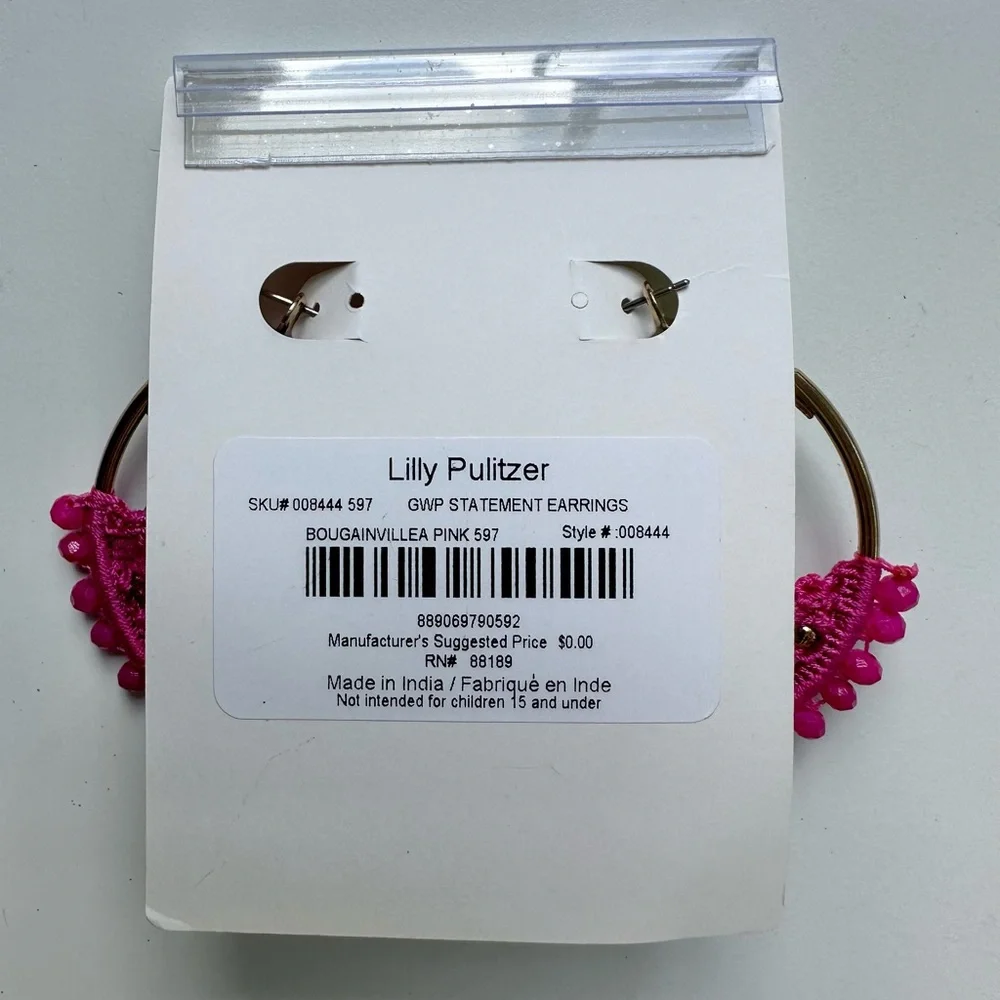 NWT Lilly Pulitzer Bougainvillea Pink Gold Tone Hoop Earrings NEW - Picture 2 of 4